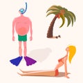 Summer holiday set: bikini girl, man diver and palm tree. vector Royalty Free Stock Photo