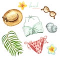 Watercolor hand painted beach summertime set. Women swimwear, outfit, straw hat, sunglasses, tropical plants and leaves, isolated Royalty Free Stock Photo