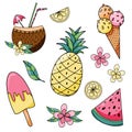 Summer holiday set with pineapple, slice watermelon, ice cream, lemon and popsicle hand drawn