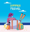 Summer Holiday and Summer Camp poster. Travel bag, luggage isolated on background. Suitcase, straw hat, beach ball, bag, diving Royalty Free Stock Photo