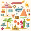 Summer holiday, tourism and vacation flat icons. Vector illustration of summer vacation accessories, flat icon set