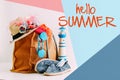 Summer holiday travel concept.Hipster Beach bag with items for a Royalty Free Stock Photo