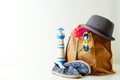 Summer holiday travel concept.Hipster Beach bag with items for a Royalty Free Stock Photo