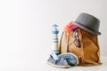 Summer holiday travel concept.Hipster Beach bag with items for a Royalty Free Stock Photo