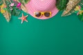 Summer holiday vacation background with beach accessories and tropical leaves. Top view, flat lay with copy space Royalty Free Stock Photo