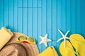 Summer holiday vacation background with beach accessories on wooden table Royalty Free Stock Photo