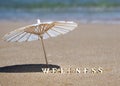 Summer holiday or vacation at sea wellness spa resort concept. Word wellness and beach umbrella on sand, sea background