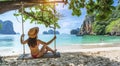 Summer holiday vacation trip - Back view Happy traveler woman in bikini relaxing on swing under tree looking destinations sea Royalty Free Stock Photo