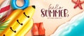 Summer holiday vector background design. Hello summer text in beach sand background with floaters and life vest tropical season. Royalty Free Stock Photo