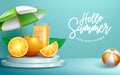 Summer holiday vector design. Hello summer text in blue background with orange refreshment juice for tropical season relax holiday