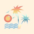 Summer holiday vector illustration retro summer vacation, surfing, beach, sunset, ocean waves, palm trees Royalty Free Stock Photo
