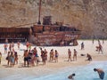 Visitors and Rusted Shipwreck, Navagio Beach, Zakynthos Greek Island, Greece Royalty Free Stock Photo