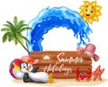 Summer holiday with wooden sign and happy penguin