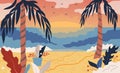 Summer holidays background. Seaside View Poster with palms. Beach resort wallpaper. Flat style. Vector illustration