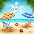 Summer holidays background. Umbrellas, desk chair, ball, lifebuoy, sunblock, starfish, and coconut cocktail on a sandy beach