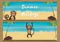 2 Summer Holidays Banner with funny Monkey. Monkey with Banana. Vector illustration Royalty Free Stock Photo