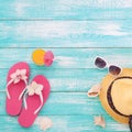 Summer Holidays In Beach Seashore. Fashion Accessories Summer Flip Flops, Hat, Sunglasses On Bright Turquoise Board Near The Pool