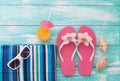 Summer Holidays. Beachwear on wooden background Royalty Free Stock Photo
