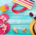 Summer Holidays. Beachwear on wooden background Royalty Free Stock Photo