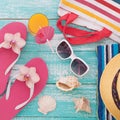 Summer Holidays. Beachwear on wooden background Royalty Free Stock Photo