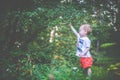 child in forest picking berries