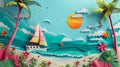 Summer Holidays Colorful Paper Art Sailboat at Tropical Sunset