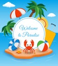 Summer holidays composition with sand beach, palms and travel stuff. Trave and Tourism concept. Vector