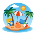 Summer holidays composition with sand beach, palms and travel stuff. Trave and Tourism concept. Vector