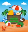 Summer holidays composition with sand beach, palms and travel stuff. Trave and Tourism concept. Vector