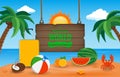 Summer holidays composition with sand beach, palms and travel stuff. Trave and Tourism concept. Vector