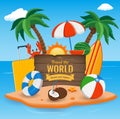 Summer holidays composition with sand beach, palms and travel stuff. Trave and Tourism concept. Vector