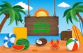 Summer holidays composition with sand beach, palms and travel stuff. Trave and Tourism concept. Vector