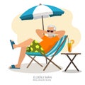 summer holidays concept. Elderly man tourist in beach chair under umbrella. Senior smiling men relax. Retirement travel