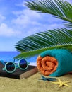 Summer holidays concept. Sunglasses, book and towel on a sandy beach. Blur sea background Royalty Free Stock Photo