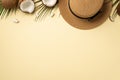 Summer holidays concept. Top view photo of sunhat cracked coconuts and green palm leaves on isolated beige background with empty Royalty Free Stock Photo