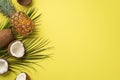 Summer holidays concept. Top view photo of tropical fruits pineapple coconuts and palm leaves on isolated yellow background with Royalty Free Stock Photo