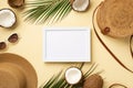 Summer holidays concept. Top view photo of white photo frame hat sunglasses round rattan bag cracked coconuts and green palm Royalty Free Stock Photo