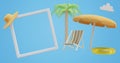 Summer holidays. Frame deckchair umbrella palm tree. Royalty Free Stock Photo