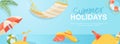 Summer holidays horizontal web banner. Sea beach, hammock, palm tree, umbrella, ball, cocktail, hat, tropical island vacation. Royalty Free Stock Photo