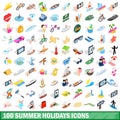 100 summer holidays icons set, isometric 3d style