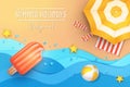 Summer holidays banner design. Paper cut tropical beach top view background with umbrella, flip flops, ball and swim air mattress