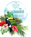 Summer holidays illustration. Beach, palm trees beautiful panoramic sea view, with tropical flowers.