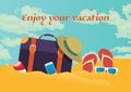 Summer holidays illustration,flat retro design beach on the traveling bag and objects, concept