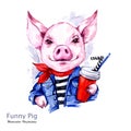 Summer holidays illustration. Watercolor cartoon pig in jeans jacket with drink. Funny weekend. Fashion. Symbol of 2019