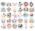 Summer holidays illustrations set, retro summer vacation, surfing, beach, sunset, ocean waves, palm trees elements and symbols