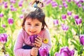 Summer holidays. Little girl in sunny spring. Small child. Natural beauty. Childrens day. face skincare. allergy to Royalty Free Stock Photo