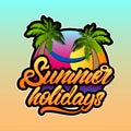 Summer holidays logotype in lettering style with palm trees and sunset . Vector illustration design