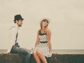 Loving couple retro style dating on sea coast Royalty Free Stock Photo