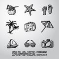 Summer holidays monochrome freehand icons set