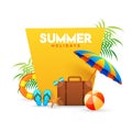 Summer holidays poster with traveling bag, umbrella, volley ball